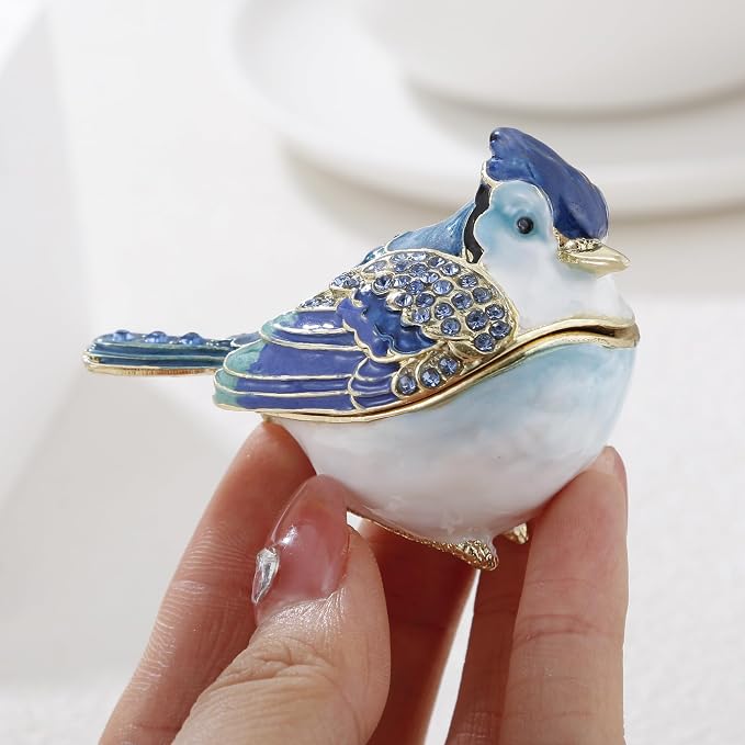 Hand Painted Enamel Blue Jay Trinket Box for Home Decor, Hinged Jewelry Organizer for Ring Earrings, Unique Figurine Keepsake Collectible Personalized Elegant Handmade Ornament Gifts (Blue Jay) - Image 6