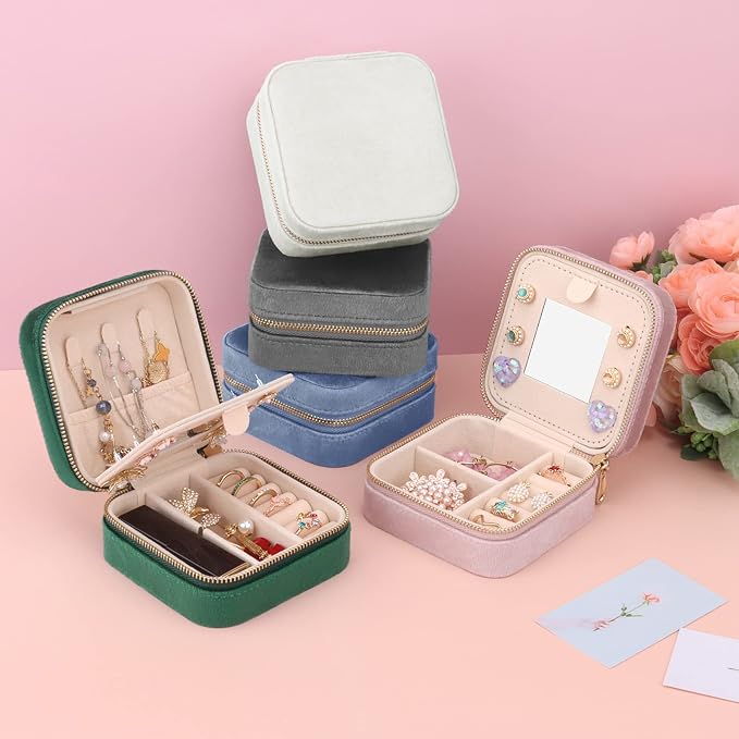 DesignSter Travel Jewelry Box - Velvet Mini Jewelry Organizer, Small Jewelry Case for Girls Women, Jewelry Storage Box for Rings Earrings Necklace (Square, Cool Gray) - Image 8