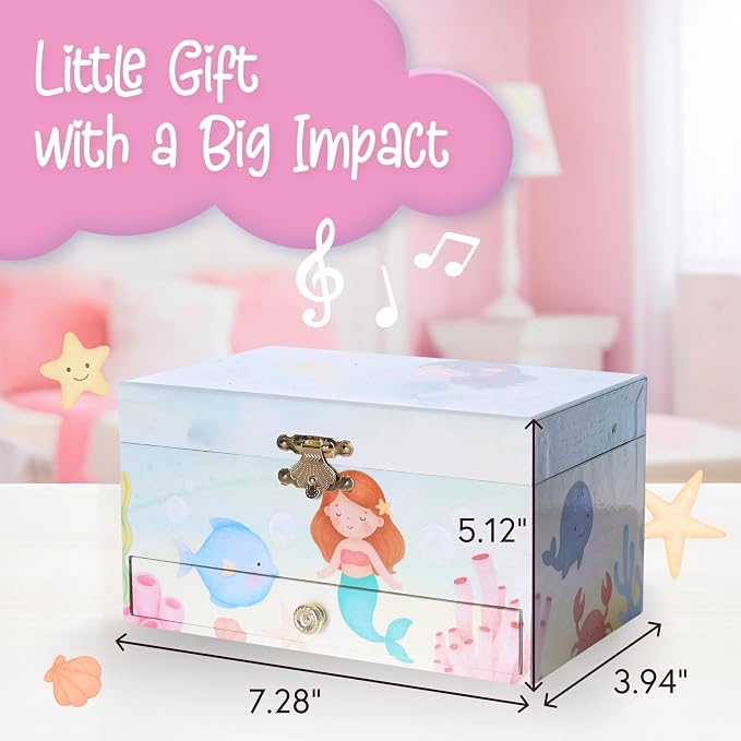 The Memory Building Co Mermaid Musical Jewelry Box Plays Classic Melody, Storage Organizer Music Box for Kids Ages 6-12, MDF Wood w/ 2 Fabric Lined Ring Bracelet Necklace Treasure Compartments - Image 4