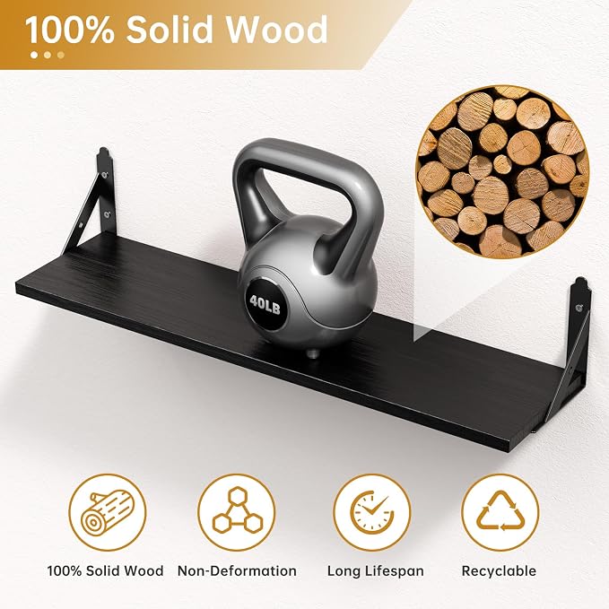 ROMGUAR CRAFT Wood Floating Shelves Set of 4, Rustic Storage Decor Wall Shelves, Wall Mounted Shelf for Living Room, Bedroom 23.6" x 6", Black - Image 4