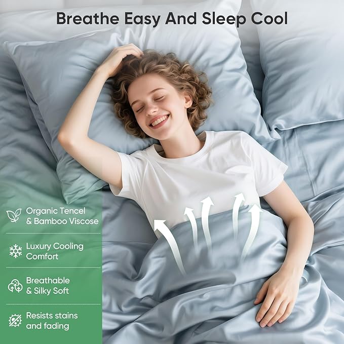 Luxury Organic Tencel & Viscose from Bamboo Cooling Sheet Set,Silky Soft Lyocell Sheets with Deep Pocket, Hypoallergenic & Breathable Bedding with Pillowcases (Sterling Blue，King)