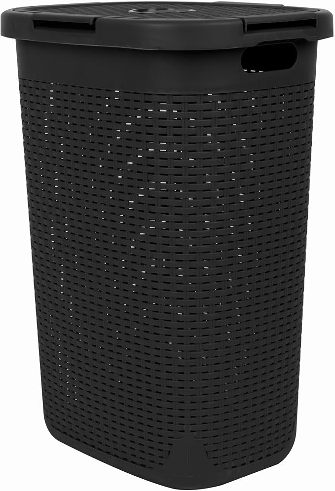 Mind Reader 60L Slim Laundry Hamper, Clothes Basket, Lid, Wicker Design, Plastic, 17.65"L x 13.75"W x 24.15"H, Black - Image 7