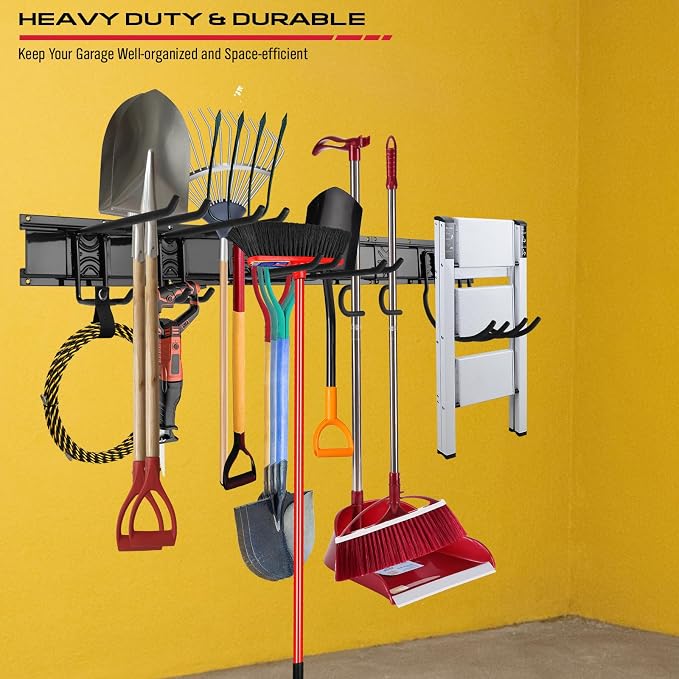 SEDY 48" Heavy Duty Garage Wall Organizer, Wall Mount Tool Storage Rack with Adjustable Hooks, Garden Tool Organizer Hold Up to 300lbs, Easy Installation (3 Panels, 8 Hooks, 3 Straps) - Image 7