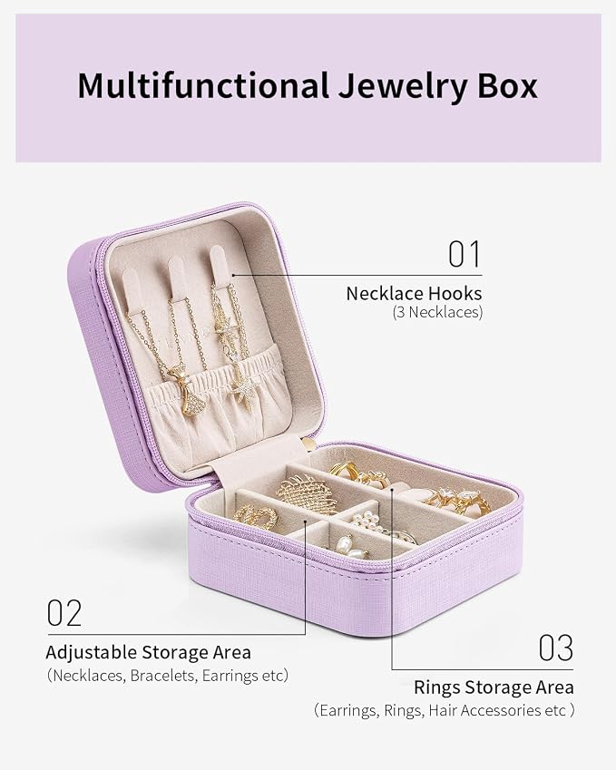 VLANDO Small Travel Jewelry Box Organizer - Girls Women Gift Rings Earrings Necklaces Jewelry Storage Display Case Purple - Image 7