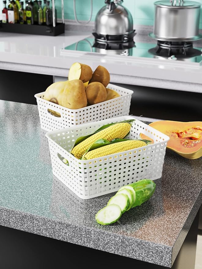WYT Woven Plastic Storage Baskets, 6 Pack White Weave Bins Organizer, 10.1" x 7.55" x 4.1" - Image 6