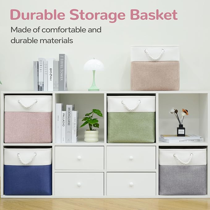 12 x 12 Inch Cube Storage Bins, 4 Pack Fabric Storage Basket with Handles, Foldable Boxes Organizer for Shelf Baskets for Home, Clothes (White/Pink) - Image 4