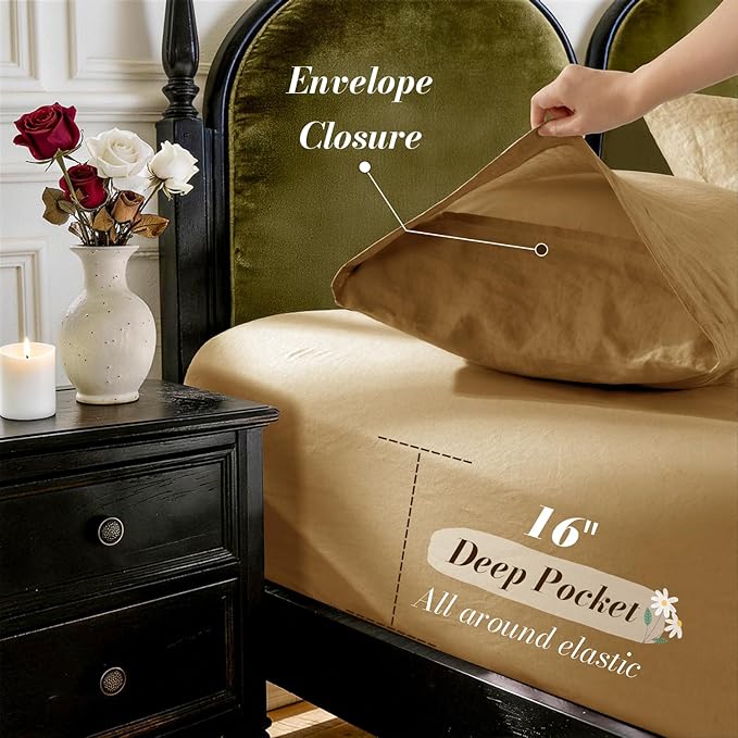 SONORO KATE 100% French Pure Linen Sheets, Breathable and Durable Linen Full Size Sheets, Anti-Tear Linen Bed Sheets, Machine Washable, 16 Inch Deep Pocket - 4 Piece (Rust, Full)