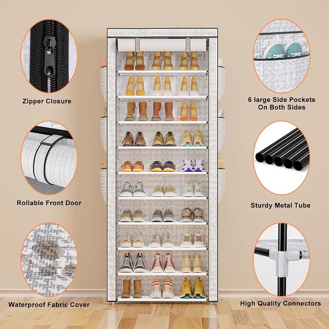 OYREL Shoes Rack 10 Tier Tall Shoe Rack with Storage Pockets, Fabric Covered Shoe Racks,Metal Shoes Rack Organizer for Closets,Bedroom, Garage - Image 8