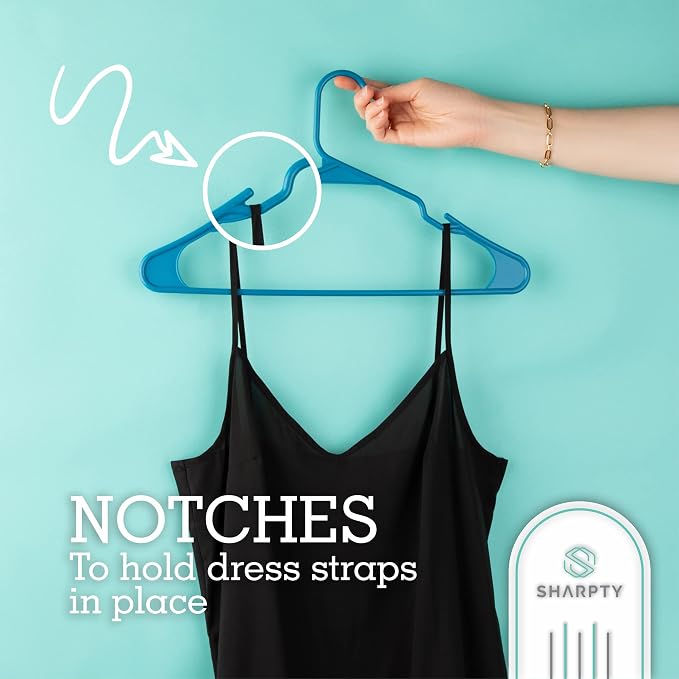 Sharpty Plastic Hangers Clothes Hangers for Clothing, Closet, Coats & Shirts - Notched, Durable & Space Saving - for Everyday Standard Use, Room Essentials & Basics - 50 Pack - Blue - Image 3