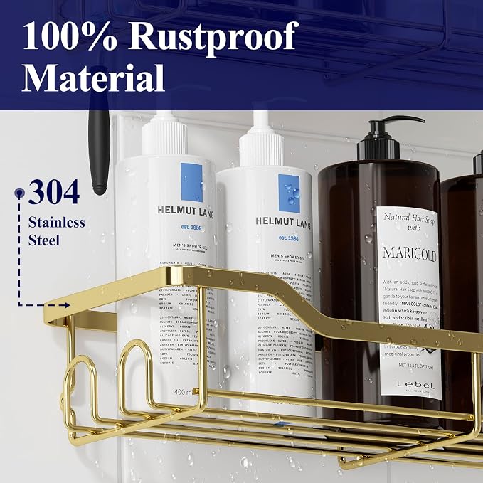 Kitsure Shower Caddy Large - Adhesive Shower Organizer, Stainless Steel Shelf for Inside Shower, No Drill Bathroom Organizers and Storage, Home Decor Accessories, 2 Pack, Gold - Image 3