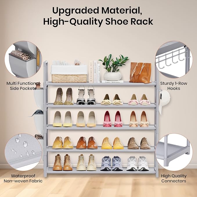 VILICK Shoe Rack for Closet Shoe Organizer Space Saver Storage for 20-25 Pair Shoe Shelf with Hook and Side Pocket Free Standing 5 Tier Shoe Rack Organizer for Entryway,Small Spaces, Grey - Image 4