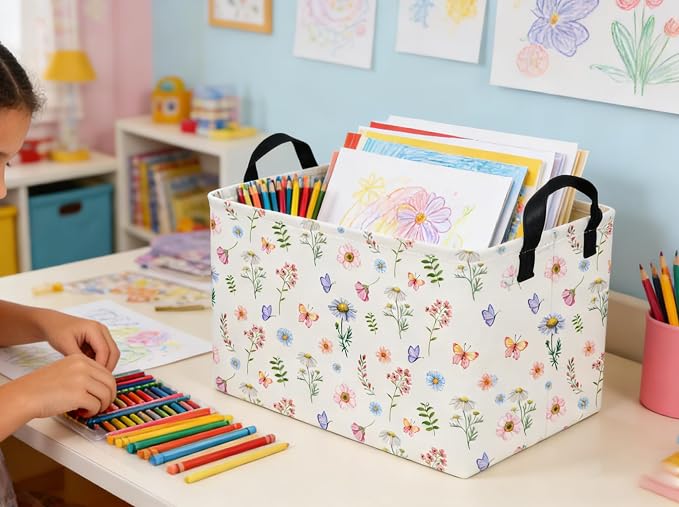 Rectangle Kids Baskets Flower Basket Cute Storage Bin Organizer Boys Box for Room Decor Gift Basket(Watercolor flower) - Image 3
