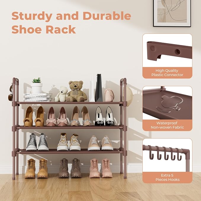 LANTEFUL 3 Tier Shoe Rack for Closet Shoe Organizer with 5 Hooks, Long Shoe Shelf Storage for Shoe and Boot Stackable Free Standing Shoe Rack for Entryway, Garage, Small Spaces, Dorm, Brown - Image 4