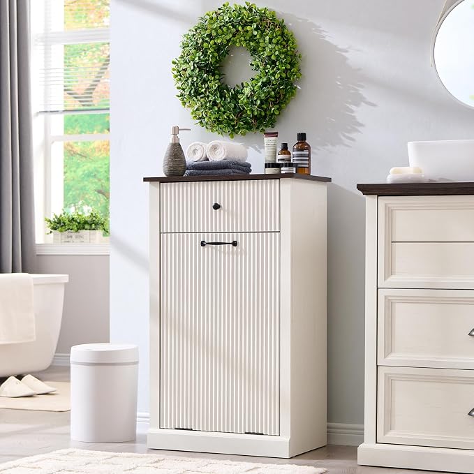IFBUY Modern Tilt-Out Laundry Hamper Cabinet, 10 Gallon Fluted Trash Can Cabinet with Drawer, Wooden Hidden Garbage Can Cabinets with Laundry Basket, Free Standing for Bathroom and Kitchen, White by IFBUYFarmhouseFurniture
