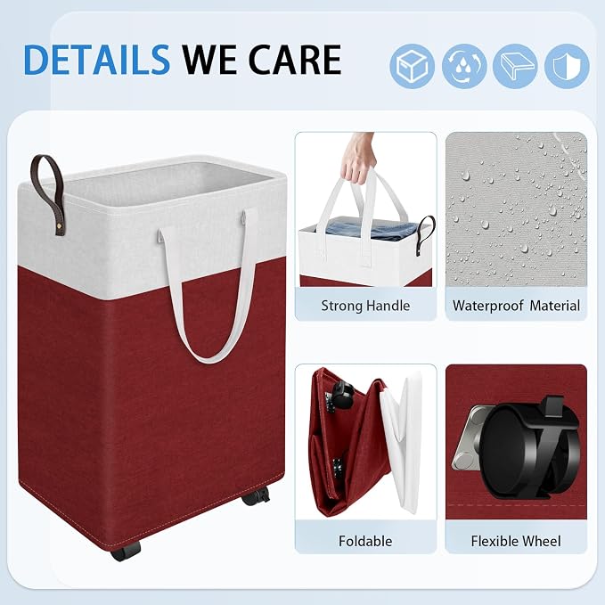 HomeHacks 90L Large - Capacity Rolling Laundry Basket, Laundry Hamper with 4 Smooth Wheels, Collapsible Waterproof Clothes Basket, Freestanding Hamper with Handles for Bedroom/Dorm/Laundry Room (Red) - Image 3