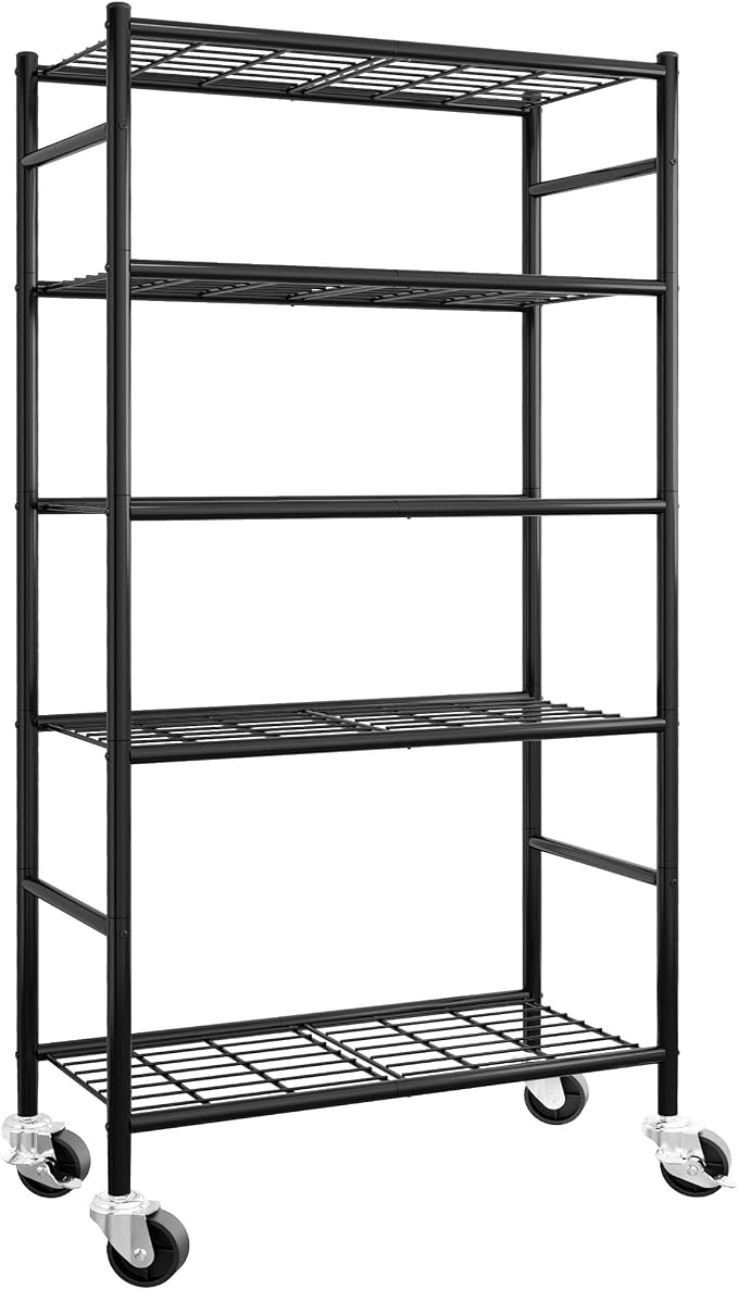 Sakugi Storage Shelves Organizer - 5 Tier Metal Shelf Organizer with Metal Wheels and Adjustable Leveling Feet, Heavy Duty Garage Shelving for Kitchen, Pantry and Closet, 33.1"x12.6"x73.5", Black by Sakugi