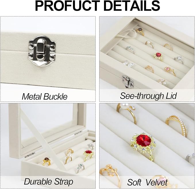 Fordonral Velvet Jewelry Organizer Box, Jewelry Drawer Organizers Trays, Earring Ring Necklace Holder Display Case (Beige, Ring Box) - Image 2