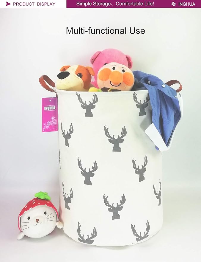 Laundry Hamper Large Canvas Fabric Lightweight Storage Basket/Toy Organizer/Dirty Clothes Collapsible Waterproof for College Dorms, Boys and Girls Bedroom,Bathroom(grey deer) - Image 7