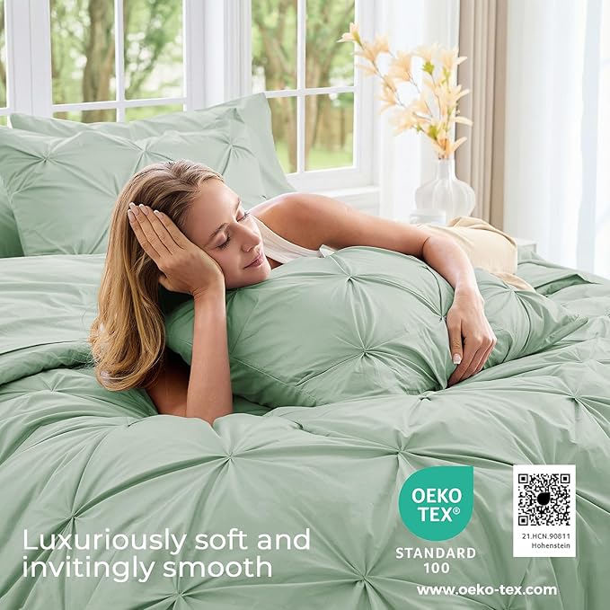 Sasttie Full Size Comforter Set, 7-Piece Bed in a Bag, Pintuck Bedding Set for All Season, Includes Comforter, Flat Sheet, Fitted Sheet, Pillowcases and Pillowshams, Light Sage Green