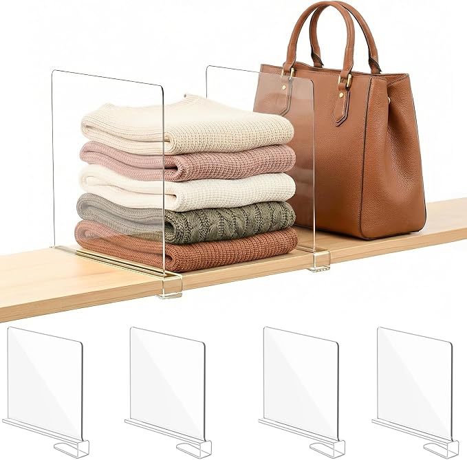 SortNStore Shelf Dividers Purse Organizer for Closet: 11-inch Tall(Extra Tall) Acrylic Sweater Organizer - Upgraded Extra Height for Large Handbags, Totes, Clothes, Towels on Wood Shelves 4-Pack by SortNStore