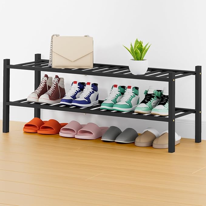 Smiry Shoe Rack, 2 Tier Thick Long Bamboo Shoe Organizer, Stackable Free Standing Wooden Shoe Storage Shelf for Closet, Entryway, Front Door Entrance, Black by Smiry