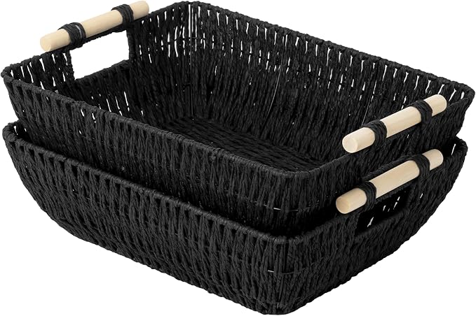 StorageWorks Large Wicker Storage Basket for Organizing, Toilet Paper Baskets for Shelf, Paper Rope Storage Baskets with Wooden Handles, Black, 2-Pack by StorageWorks