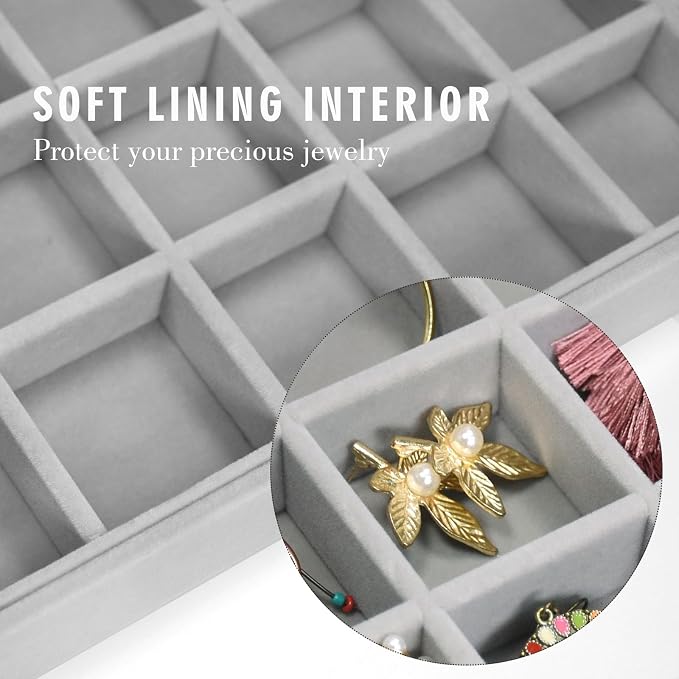 Siveit Velvet Jewelry Tray 48 Grid Jewelry Display Tray Organizer Box with Transparent Lid Rings Earrings Necklaces Pendants Display Box Suitable for Women and Girls (Grey) - Image 2