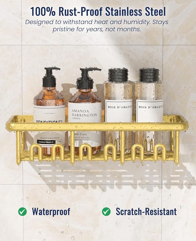 8 Pack Adhesive Rustproof Shower Shelves with Soap Dishes, Toothbrush Holder & Hooks, Large Capacity No-Drilling Shower Shelves Rack for Bathroom Organizers and Storage Accessories, Gold - Image 2