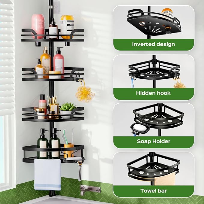 HAMITOR Shower Caddy Tension Pole: Rustproof Bathroom Corner Shelf for Renters, 47-121inches Adjustable Organizer with Soap Holder-Large Capacity Rack for Shampoo Storage Home Accessory - Black - Image 6