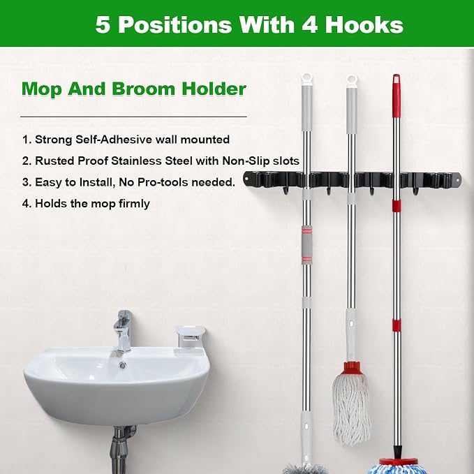 voze [2 Pack] 5 Racks and 4 Hooks Mop and Broom Holder Wall Mount, Self Adhesive Heavy Duty Broom Organizer Storage Tool Racks for Kitchen Garden Laundry Garage Black - Image 3