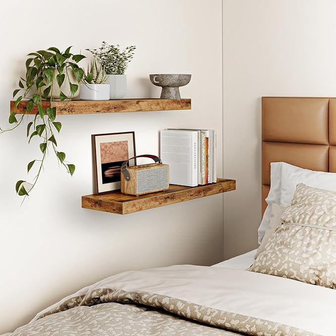 Fixwal Wood Floating Shelves for Wall, 22" Long Wall Mounted Shelves for Living Room, Bedroom, Bathroom and Kitchen, Wall Shelves for Storage, Books, Room Decor (Rustic Brown, Set of 2) - Image 6