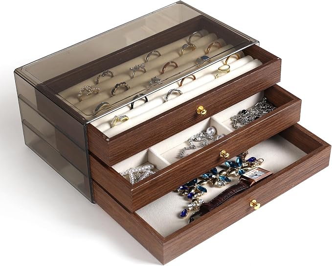 CLUQMEIK 3-layer Wooden Drawer Jewelry Organizers and Storage Box with Grey Acrylic Lid and Velvet Lining, Jewelry Box for Women and Girls to Store Rings Earrings Bracelets Necklaces by CLUQMEIK