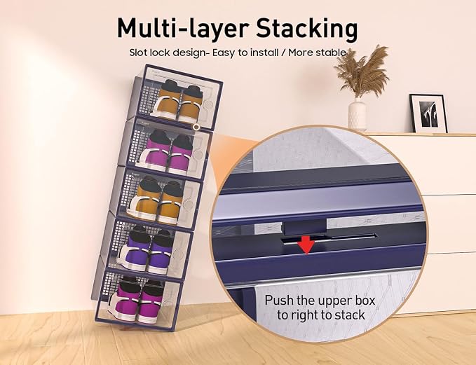 Kuject X-Large Shoe Storage Boxes Organizers Clear Plastic Stackable 12 Pack, Shoe Rack & Holder Substitute, Sneaker Containers, Toy Storage Organizer Bins for Entryway, Closet, Under Bed, Blue - Image 3