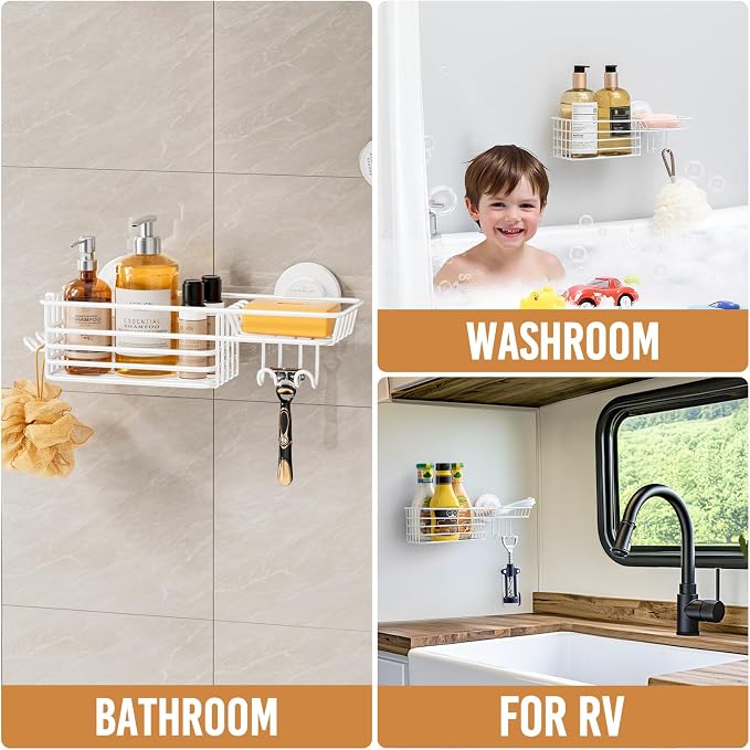 LEVERLOC Shower Caddy Suction Cup, Heavy Duty Bathroom Organizer for Inside Shower with Hooks & Soap Holder， NO-Drilling Bathroom Shower Holder-White - Image 6