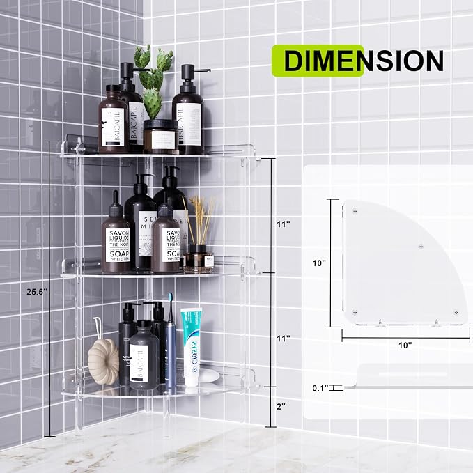 Bakzon Corner Shower Caddy, 3 Tier Acrylic Shower Organizer Corner for Inside Shower, Rustproof Floor Standing Shower Shelves for Bathroom, Clear - Image 3