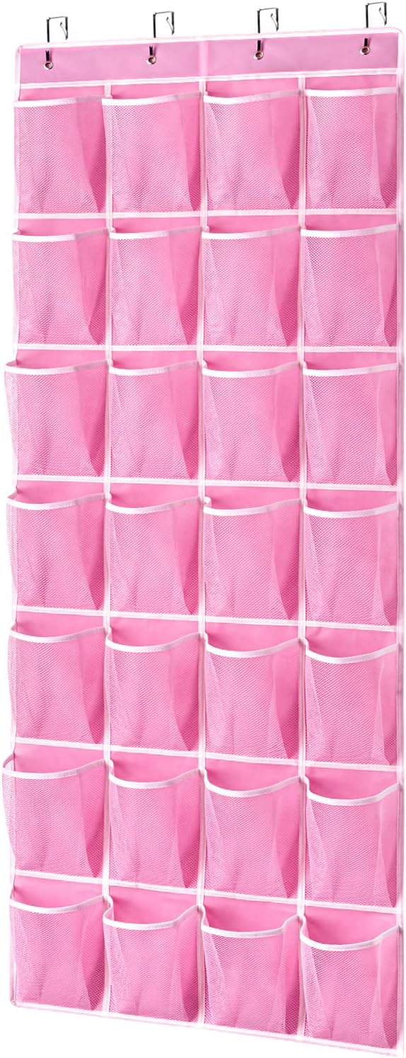 KEEPJOY 28 Pockets Hanging Shoe Organizer, Over the Door Shoe Organizer, Hanging Door Shoe Holder Rack with Mesh Pockets Large Size 65 x 23 Inch (Pink-1Pack) by KEEPJOY