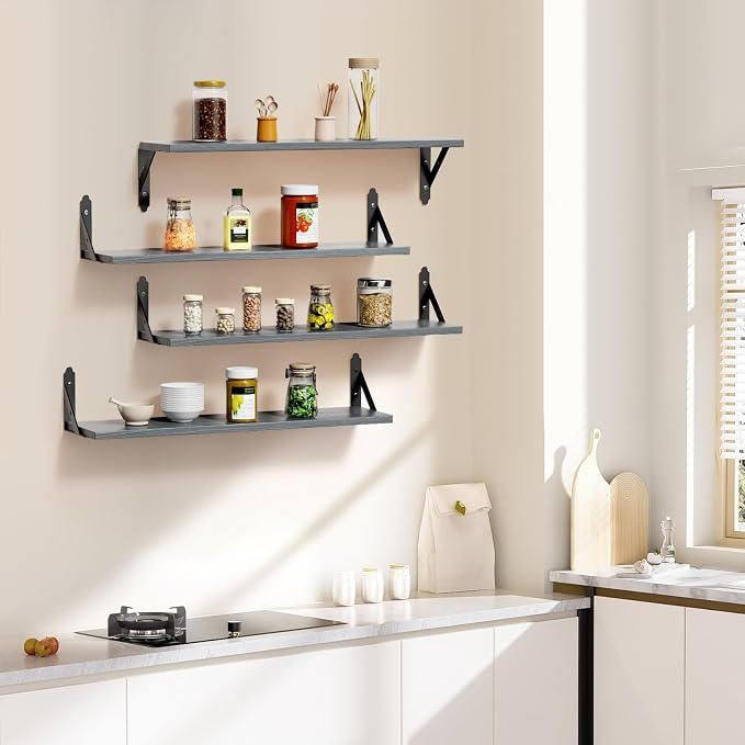 ROMGUAR CRAFT Wood Floating Shelves Set of 4, Rustic Storage Decor Wall Shelves, Wall Mounted Shelf for Living Room, Bedroom 23.6" x 6", Grey - Image 2