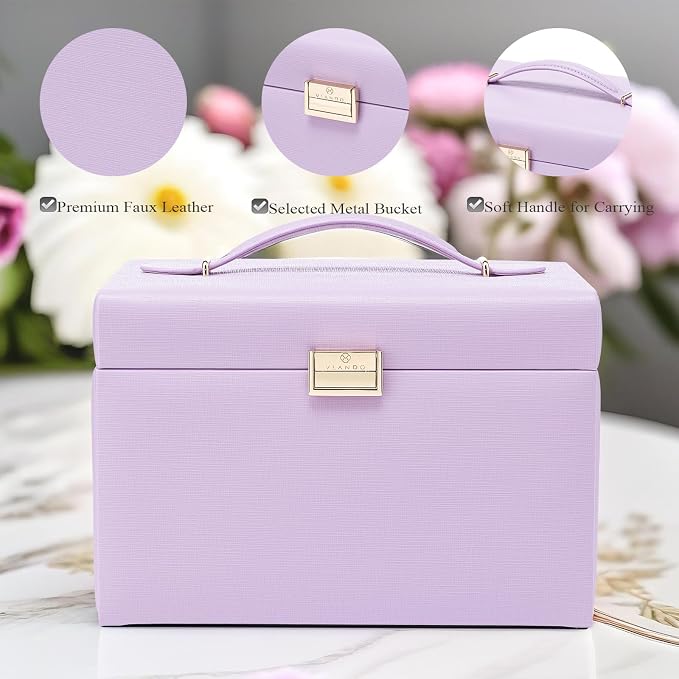 Vlando Mirrored Jewelry Box Organizer, Leather Jewelry Storage Case, Necklaces Earrings Rings Brackets Box Holder, Purple - Image 3