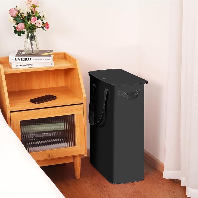 efluky Slim Laundry Basket with Lid, Narrow Laundry Hamper with Handles, Collapsible Dirty Clothes Hamper, Tall Laundry Bin for Laundry Room, Dorm and Bedroom, 55L Black - Image 5