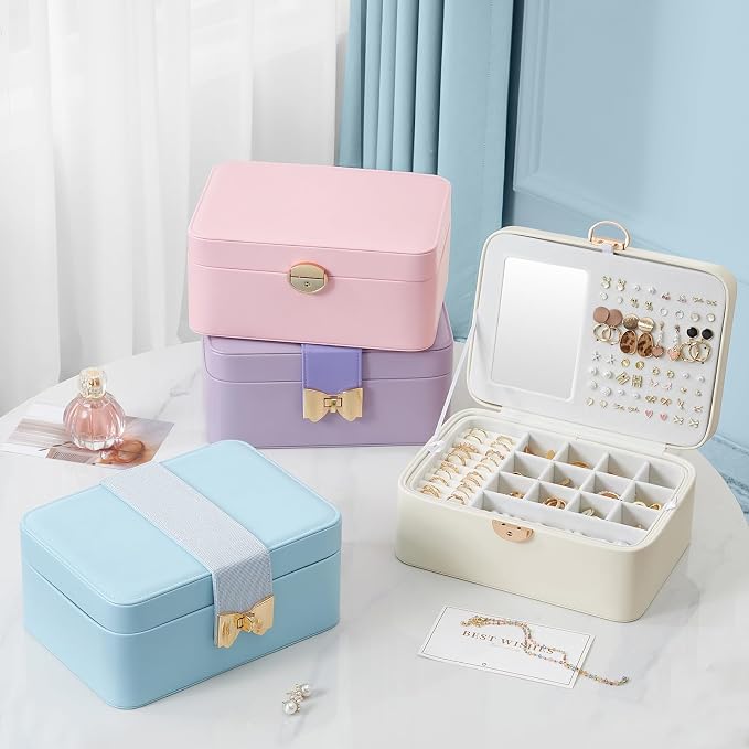 Lolalet 2 Layer Jewelry Box for Teen Girls & Young Women, Jewelry Organizer Case with Bow Clasp and Mirror for Earrings Rings Necklaces Storage, Gift Idea -Blue - Image 7