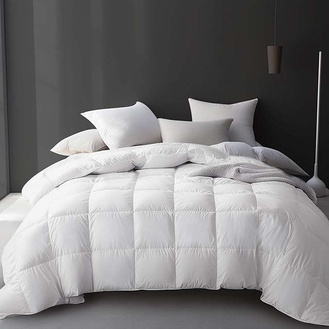 Hotel Grand White Goose Feather Down Fiber Comforter Queen Size, 100% Cotton Duvet Insert Queen, Hotel Luxury Hypoallergenic Comforter Lightweight Bedding Comforter with 8 Corner Loops, 90 x 90 Inch