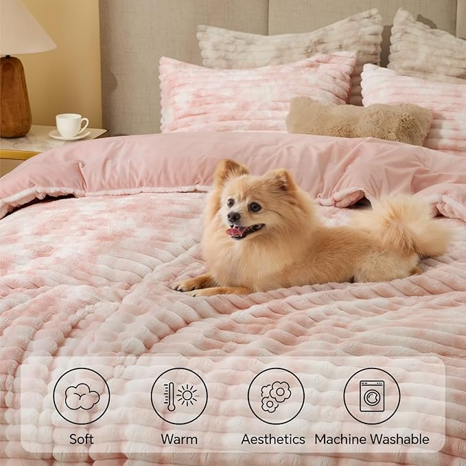BEDELITE Fleece Twin Comforter Set -Super Soft & Warm Fluffy Pink&White Bedding, Luxury Fuzzy Heavy Bed Set for Winter with 1 Pillow case