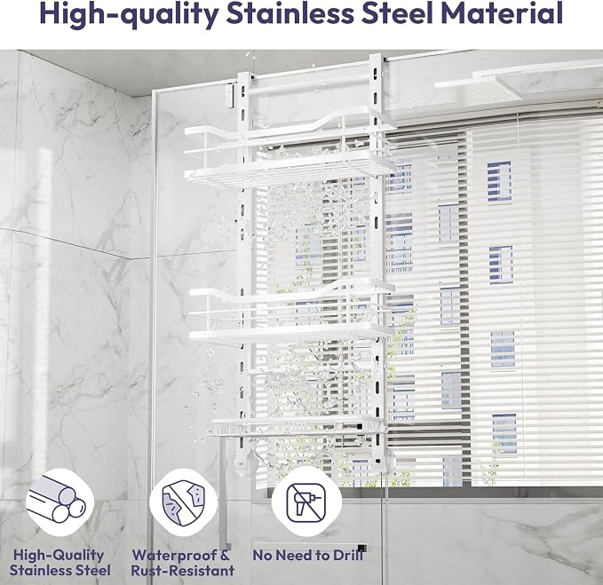 SWTYMIKI Over the Door Shower Caddy - 3 Tier Adjustable Shower Organizer Hanging with Soap Holder, No Drilling Stainless Steel Bathroom Hanging Caddy for Body Wash, Shampoo, Soap, Razor, White - Image 6