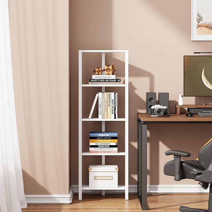 TUTOTAK Corner Shelf, 5-Tier Corner Bookshelf for Small Space, Narrow Display Corner Shelf Stand with Storage Rack, for Living Room, Bedroom, White BS05BW005 - Image 5