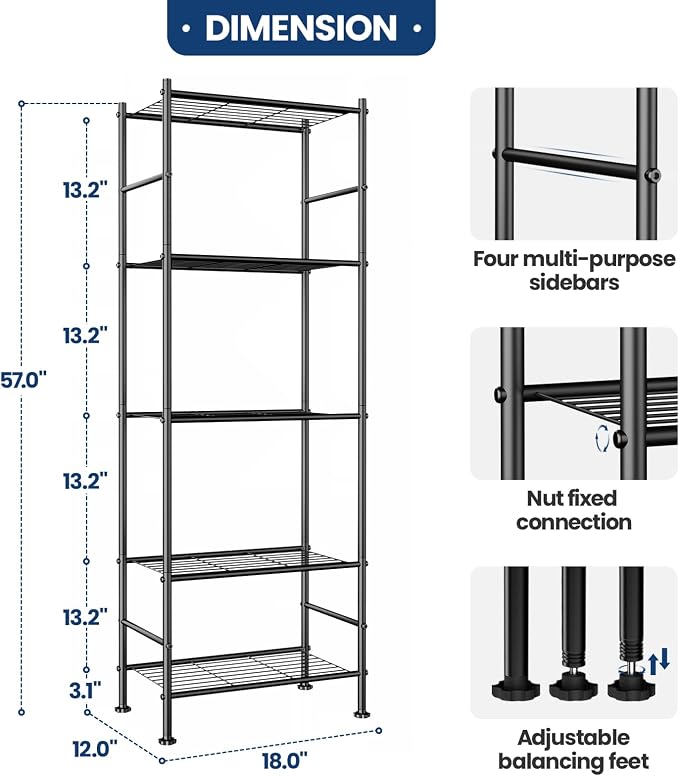 Abiglifty Storage Shelves, 5-Tier Metal Shelving, Wire Shelving Unit with Adjustable Leveling Feet, Shelf Organizer for Bathroom, Pantry, Laundry - Image 2