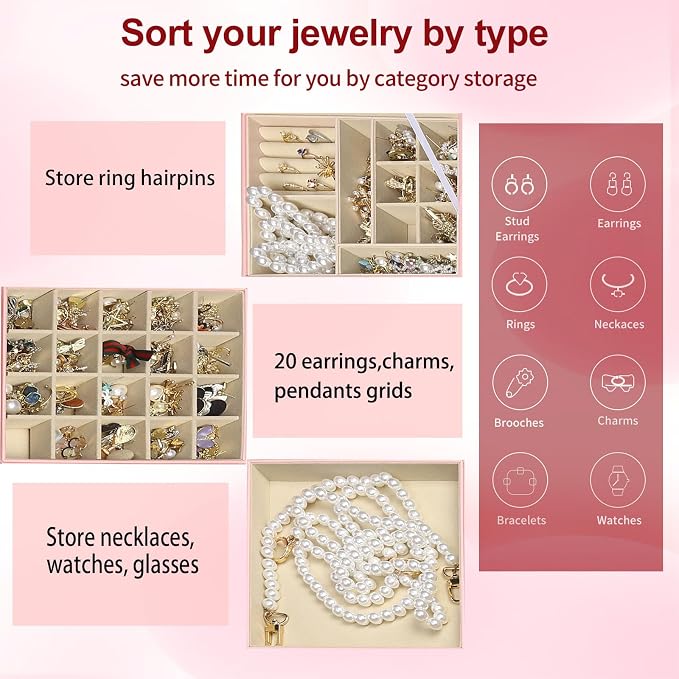 BOOVO Clear Lid Jewelry Box,3 Layers Jewelry Organizer Large Multi-Functional Jewelry Storage Box with 2 Drawers,Jewelry Display Case of Rings Earrings Necklace Bracelets for Women Girls (Pink) - Image 5