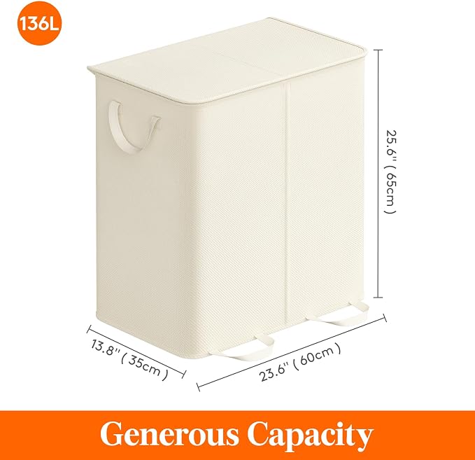 Lifewit Double Laundry Hamper with Lid and Removable Laundry Bags, Large Collapsible 2 Dividers Dirty Clothes Basket with Handles for Bedroom Laundry Room Closet Bathroom College, 136L Ivory White - Image 5