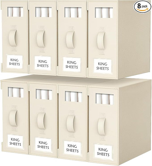 Criusia Bed Sheet Organizers and Storage, 8 Pack Foldable Linen Closet Organizer Box – Bedding Holder for Sheet Set (King/Queen Sizes), Duvet Covers, Blankets (Beige) by Criusia