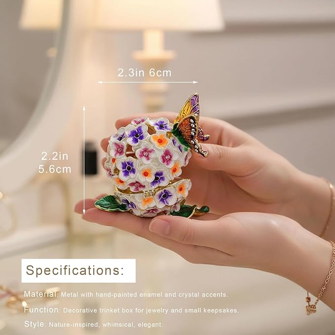 YU FENG Enamel Butterfly Trinket Box Jewelry Organizer, Decorative Hinged Keepsake Box – Butterfly with Floral Ball Design - Image 2
