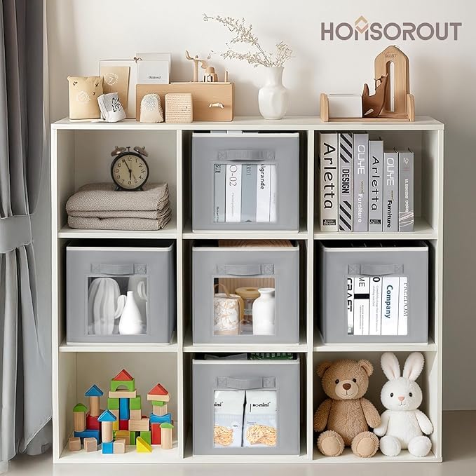 Homsorout Foldable Storage Cubes - Cubby Storage Organizer with Window, Decorative Baskets for Organizing, Fabric Bins for Clothes Storage, Closet Storage Cubes 11inch, Set of 12, Grey - Image 3